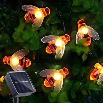 20 светодиодных солнечных гирлянд Cute Bee Outdoor Light Свадьба Домашний Сад Патио Вечеринка Рождественская Елка Медоносная Пчела Звездная Фея Декор Лампа