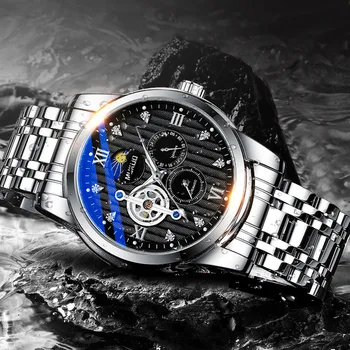Мужские часы автоматические механические деловые часы для отдыха с водонепроницаемым ремешком из нержавеющей стали, мужские часы с многофункциональным циферблатом