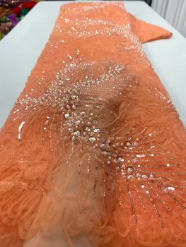 Оранжевая Роскошная Африканская Кружевная Ткань Из Тяжелого Бисера 2023 Года, Высококачественные Нигерийские Блестки, Французский Тюль, Тканевый Материал Для Свадебной Вечеринки