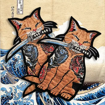 Кот с ножом во рту, нашивки с вышивкой, железные нашивки для одежды, стиль японской культуры, высокое качество, сделай сам