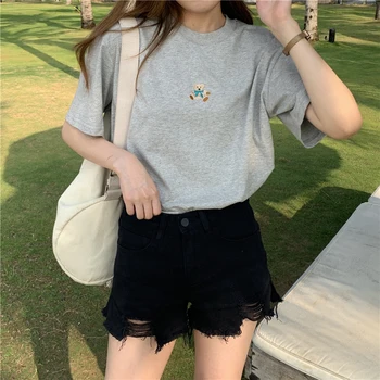 Хлопковая Женская футболка Harajuku, Корейская футболка с графической мультяшной вышивкой, Женские футболки Kpop, Летняя мода Y2k, Белые серые Топы