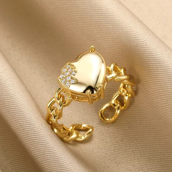 Кубинское кольцо-цепочка из нержавеющей стали для женщин, золотые Кольца с циркониевыми сердечками, модные украшения для свадебной вечеринки, Подарочные Аксессуары