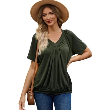 Женская футболка, летняя свободная простая уличная одежда для отдыха, V-образный вырез, короткий рукав, женский топ, однотонная классическая женская одежда
