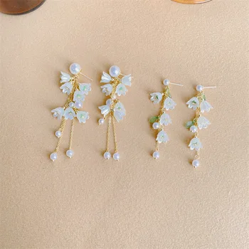GD Изысканные трендовые цветочные серьги-клипсы для женщин, Белый тюльпан, Серебряная игла, жемчужные шпильки, Орхидея, кисточка, элегантный длинный стиль