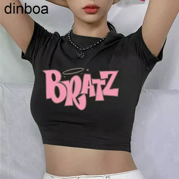 Уличная одежда Dinboa, летняя женская одежда с буквенным принтом, черные укороченные топы с круглым вырезом, винтажные повседневные футболки с коротким рукавом