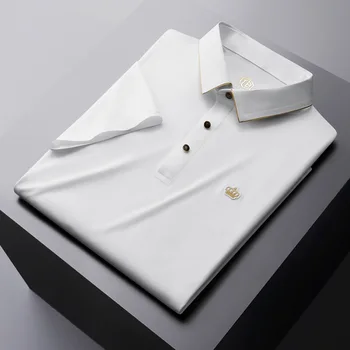 Высококачественная крутая и дышащая рубашка-поло из ледяного шелка, мужская футболка с коротким рукавом и вышивкой короны, мужской повседневный топ