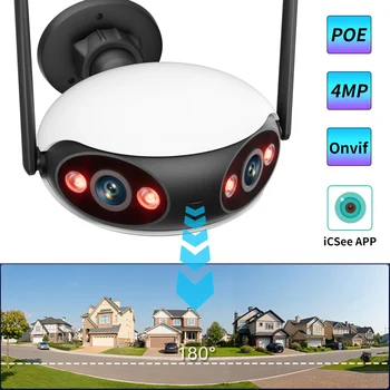 4-Мегапиксельная Двухобъективная IP-камера POE Outdoor 2K HD WiFi Бинокулярная Камера Видеонаблюдения CCTV Широкоугольный AI-детектор 180 ° Onvif iCSee