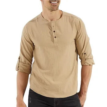 Мужская футболка с длинными рукавами, летний однотонный весенний пуловер на пуговицах, модная универсальная футболка с прямым рукавом, круглый вырез, хлопковое белье