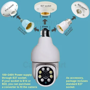 1080P HD 360 Розетка для лампы E27 Наружная WiFi камера наблюдения с функцией обнаружения ИИ и простой установки для использования в умном доме Ycc365 Plus