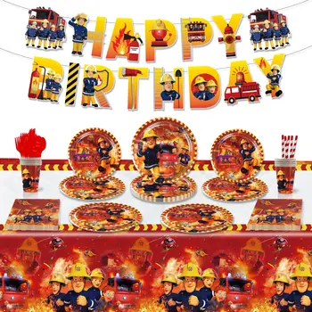 Посуда на тему пожарного Сэма, бумажная тарелка, чашка, скатерть, пожарная машина, баллон, украшение для дня рождения пожарного для мальчиков