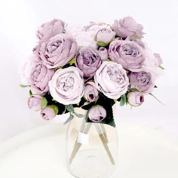 1 Букет из 9 головок искусственных цветов Пион Чайная роза Осенние шелковые искусственные цветы для DIY гостиной Домашнего сада свадебного украшения