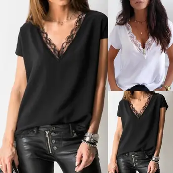 Однотонный топ-рубашка с V-образным вырезом, сексуальный топ в стиле пэчворк, блузка с коротким рукавом, женский кружевной топ-рубашка с глубоким вырезом