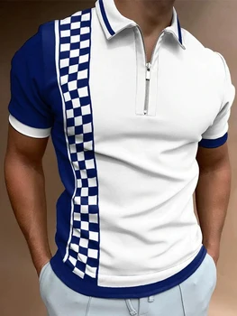 Роскошная мужская одежда в тон, рубашки-поло, одежда для гольфа, Повседневная клетчатая футболка с коротким рукавом, мужская рубашка-поло с отложным воротником на молнии, топы