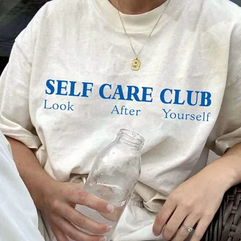 Женские Белые футболки с надписью Self Care Club в американском винтажном стиле, Летние Свободные хлопчатобумажные топы с коротким рукавом, Повседневные футболки