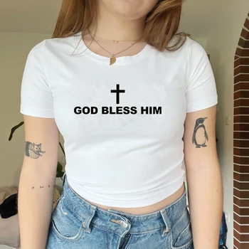 Боже, благослови Его, Крест Иисуса, кавайная одежда Harajuku, детская футболка с круглым вырезом, модная футболка с коротким рукавом, женские укороченные топы, Y2k, готические футболки
