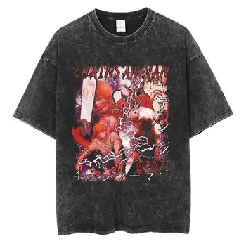 Аниме Мужские футболки с принтом Человека-Бензопилы, Рубашка из Промытого 100% хлопка, Ретро Уличная Футболка Унисекс, Дышащие Повседневные Топы Y2K