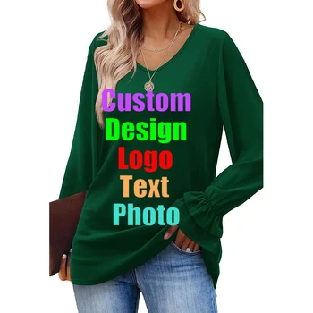 Осенне-зимний новый однотонный топ-футболка с расклешенным рукавом и длинным рукавом для женщин с индивидуальным текстовым логотипом